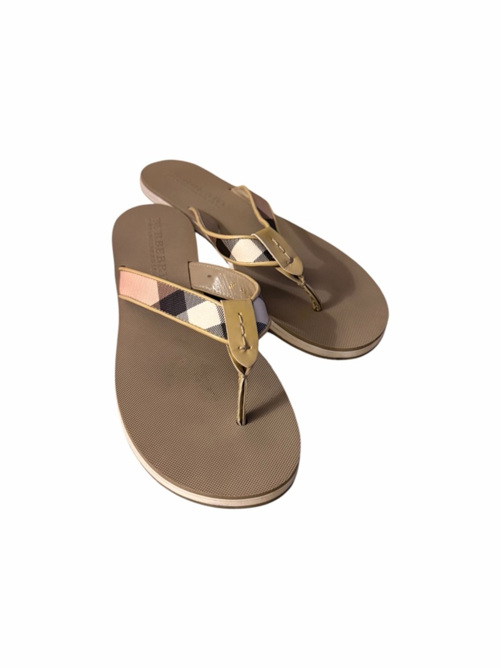 Burberry Tan and Beige Check Thong Sandals